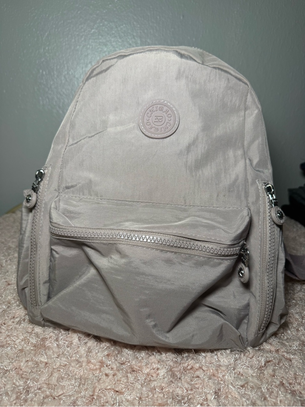 Light Taupe Nylon Backpack with Round Logo Accent